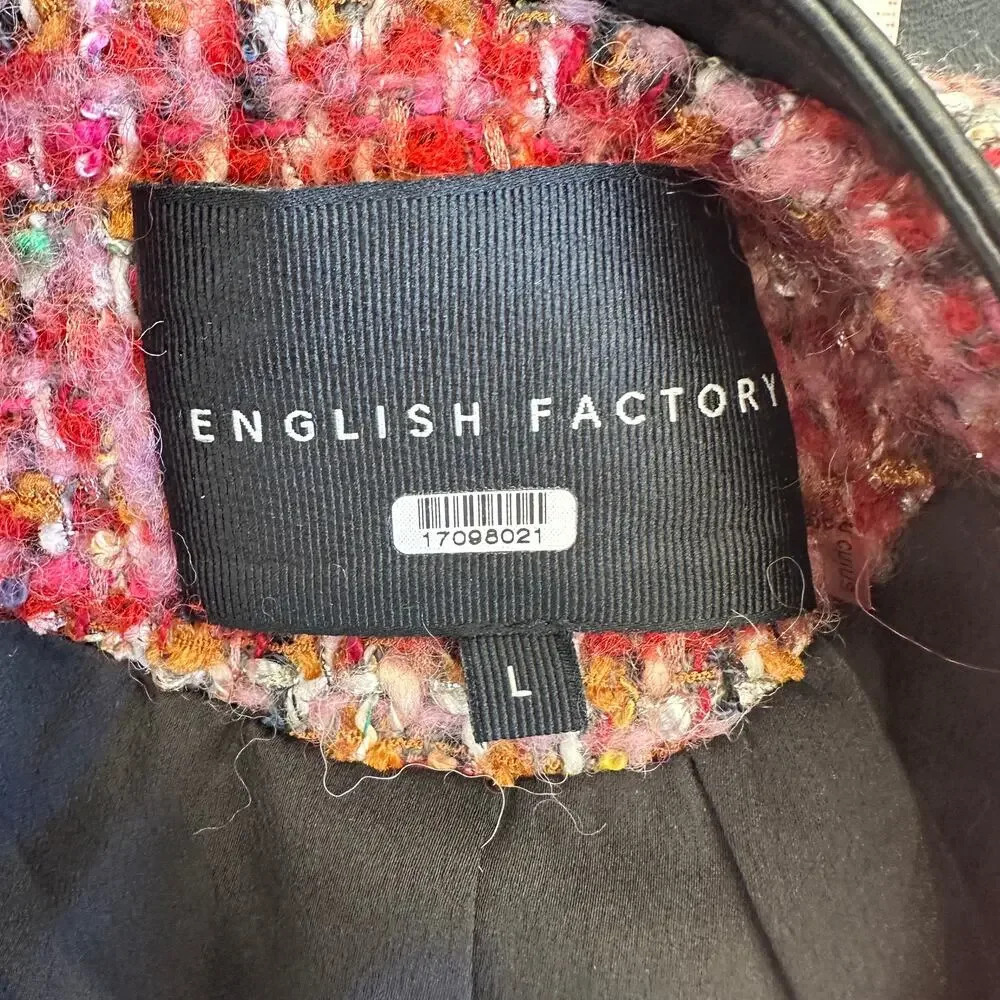 English Factory Pink Tweed Blazer LARGE Boxy Boucle Faux Leather Clueless $210 - Picture 9 of 10